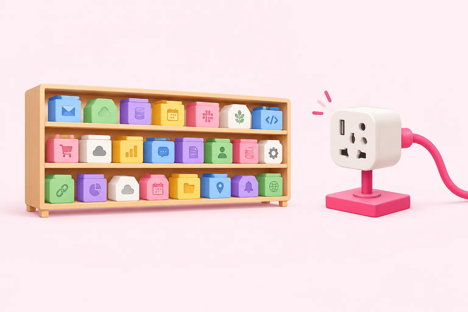 Una estantería con muchas pequeñas cajas de conectores junto a un único adaptador universal, que representa las integraciones con nombre frente a la conectividad API genérica.