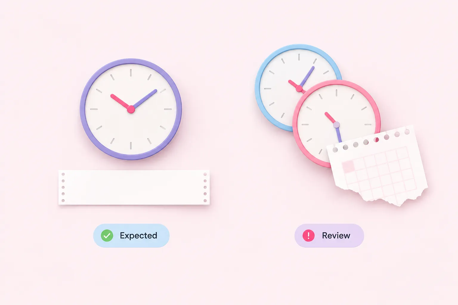 Relojes alineados y superpuestos junto a tiras de papel y una hoja de calendario rota para el ejercicio de entradas de fecha en n8n.