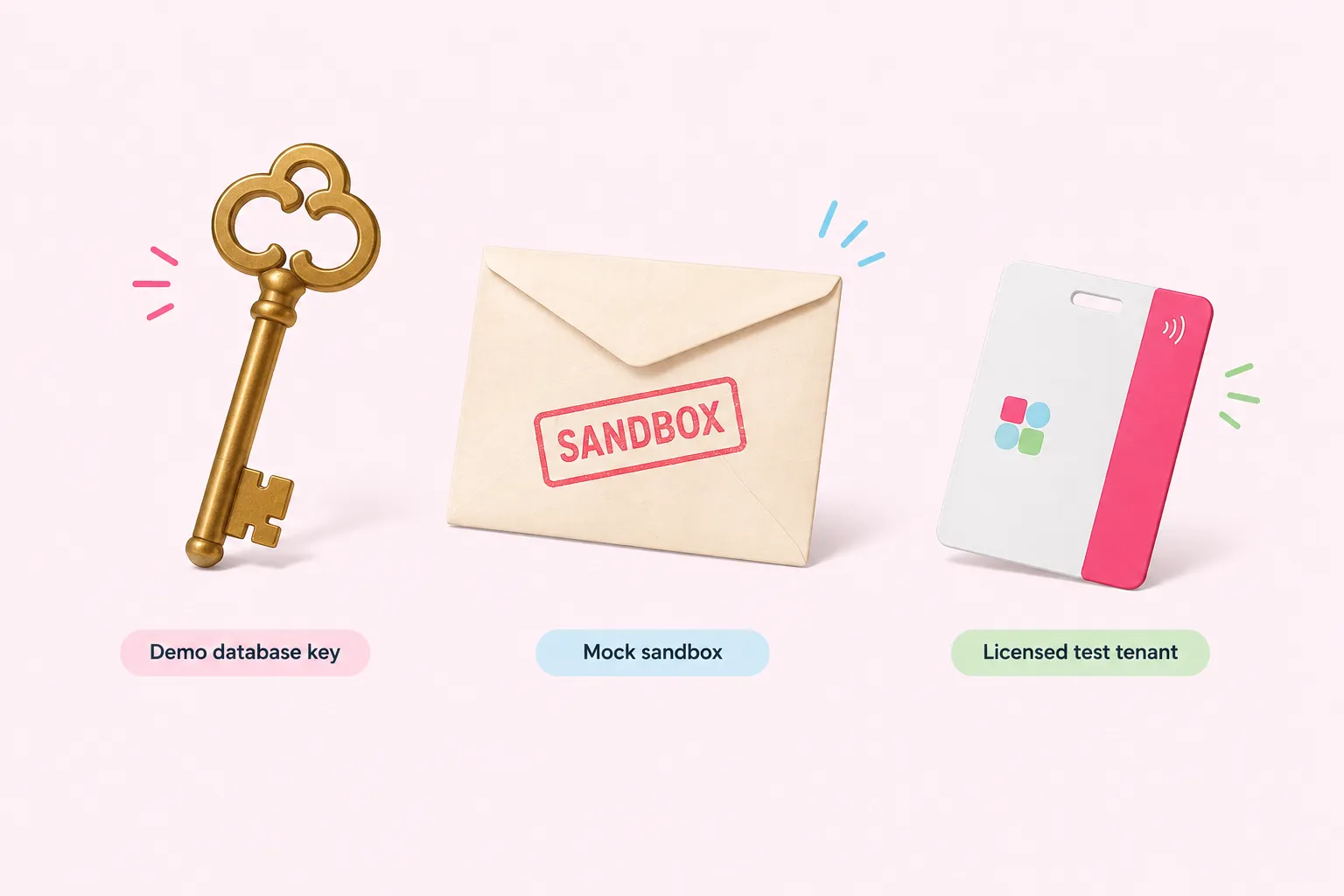 Tres llaves diferentes representan tres opciones de acceso a sandbox de SAP comparadas para este ejercicio.