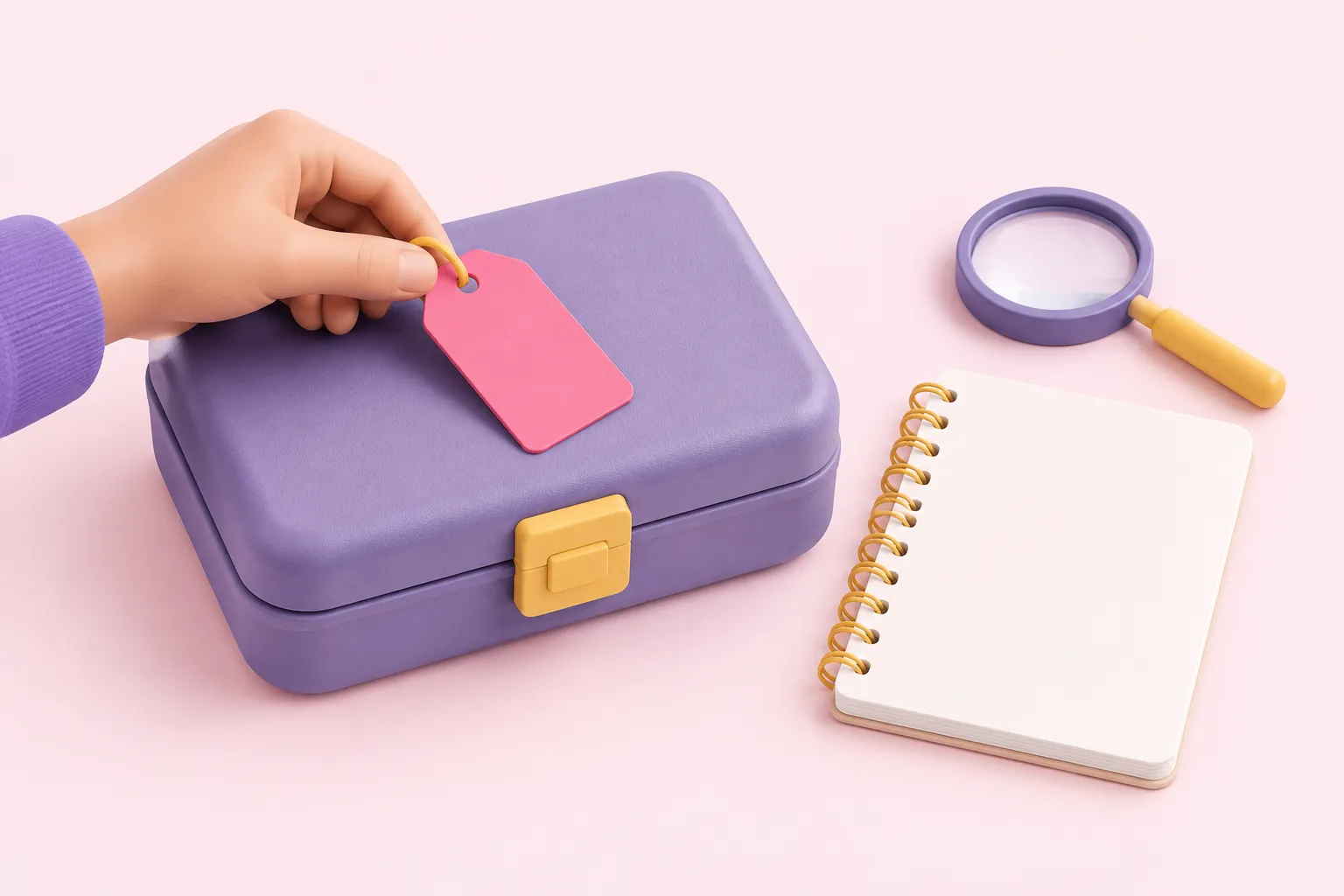 Una mano coloca una etiqueta de responsable en un estuche de credenciales junto a un cuaderno de traspaso.