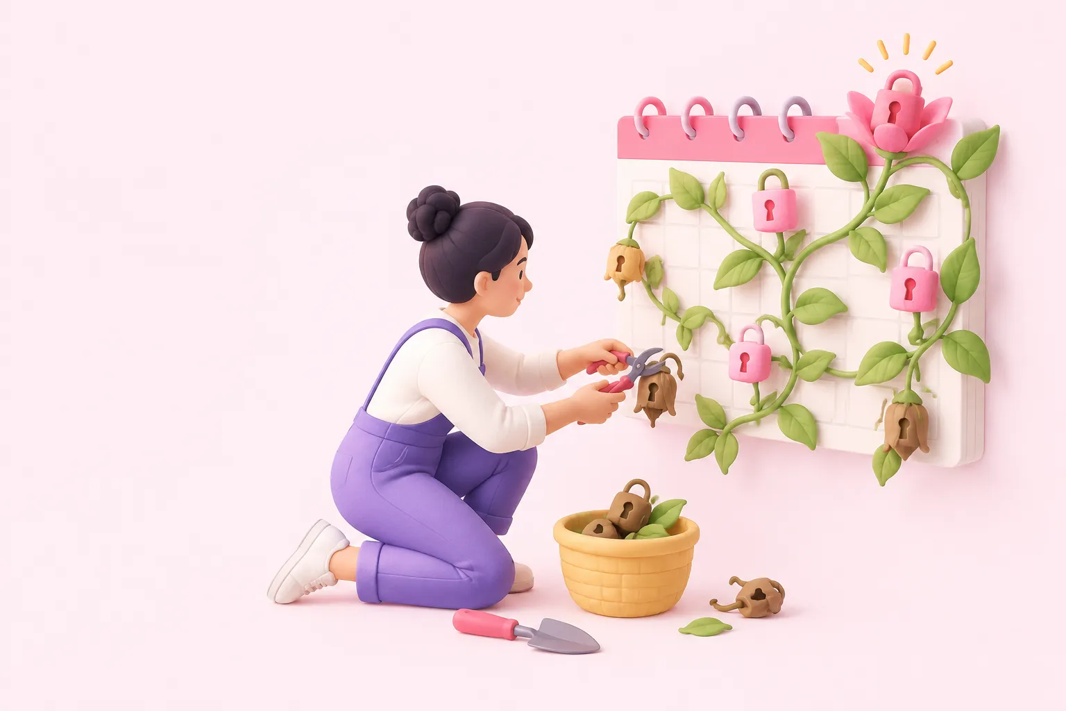 Un jardinero cuida una enredadera-calendario que hace crecer brotes en forma de candado, representando una rutina para revisar las noticias de seguridad de n8n.