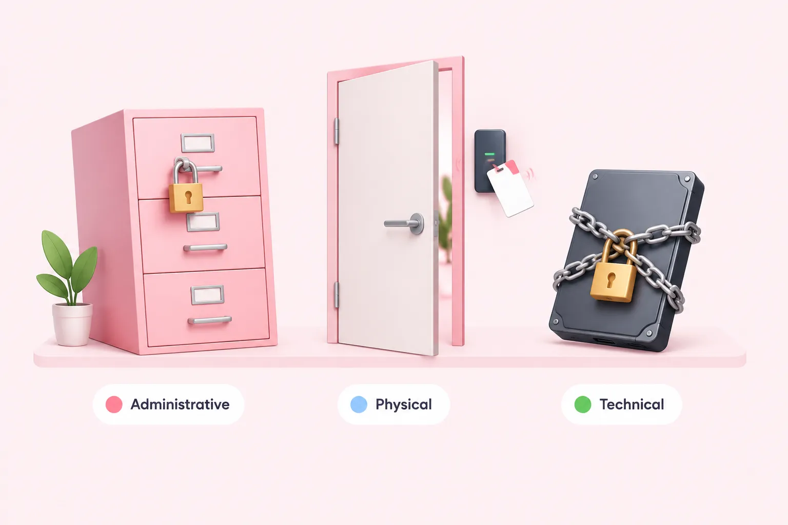 Показує замкнену шафу, двері зі зчитувачем пропусків і диск на замку, що представляють три категорії заходів захисту HIPAA.