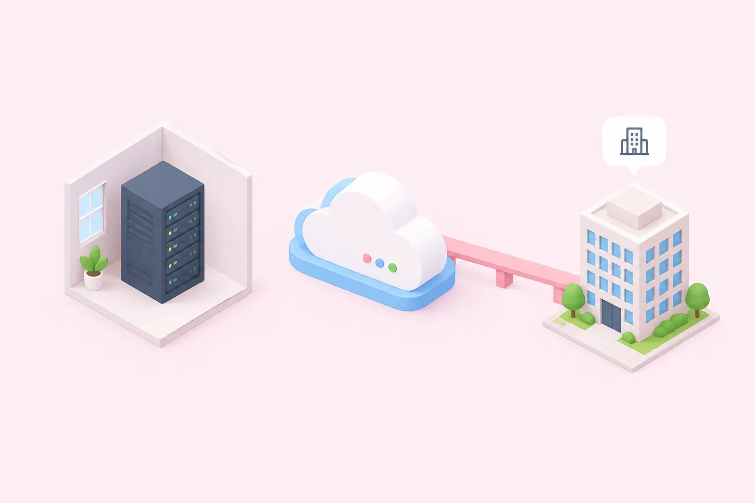 Приватна серверна стійка поруч із хмарною платформою, з'єднані мостом, що показує самостійний хостинг n8n проти хмарної моделі Zapier.