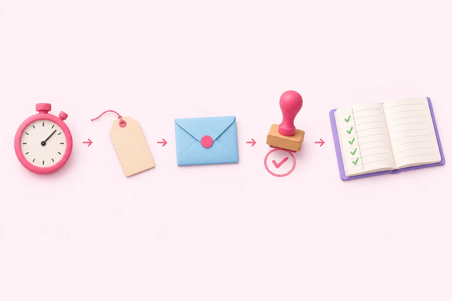 Предмети в ряд, що символізують послідовні кроки задання шляху, публікації та перевірки виконань у n8n.